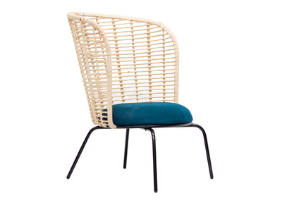 Fauteuil design en rotin et tissu bleu p&eacute;trole NICOLAS