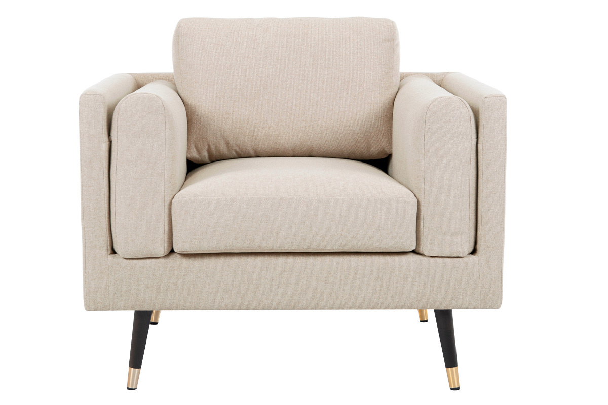 Fauteuil design en tissu beige naturel, bois noir et mtal dor STING