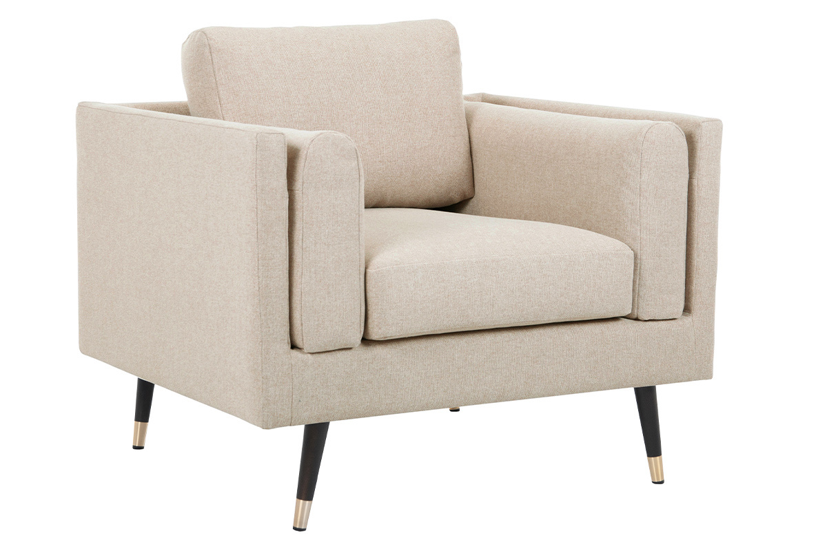 Fauteuil design en tissu beige naturel, bois noir et mtal dor STING