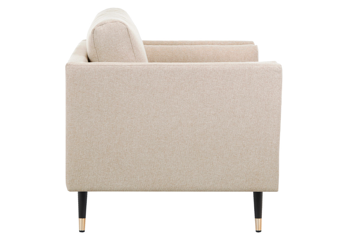 Fauteuil design en tissu beige naturel, bois noir et mtal dor STING