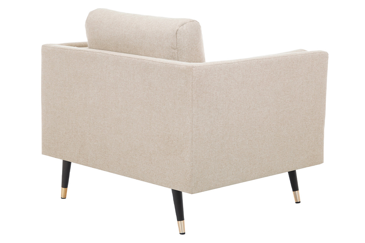 Fauteuil design en tissu beige naturel, bois noir et mtal dor STING