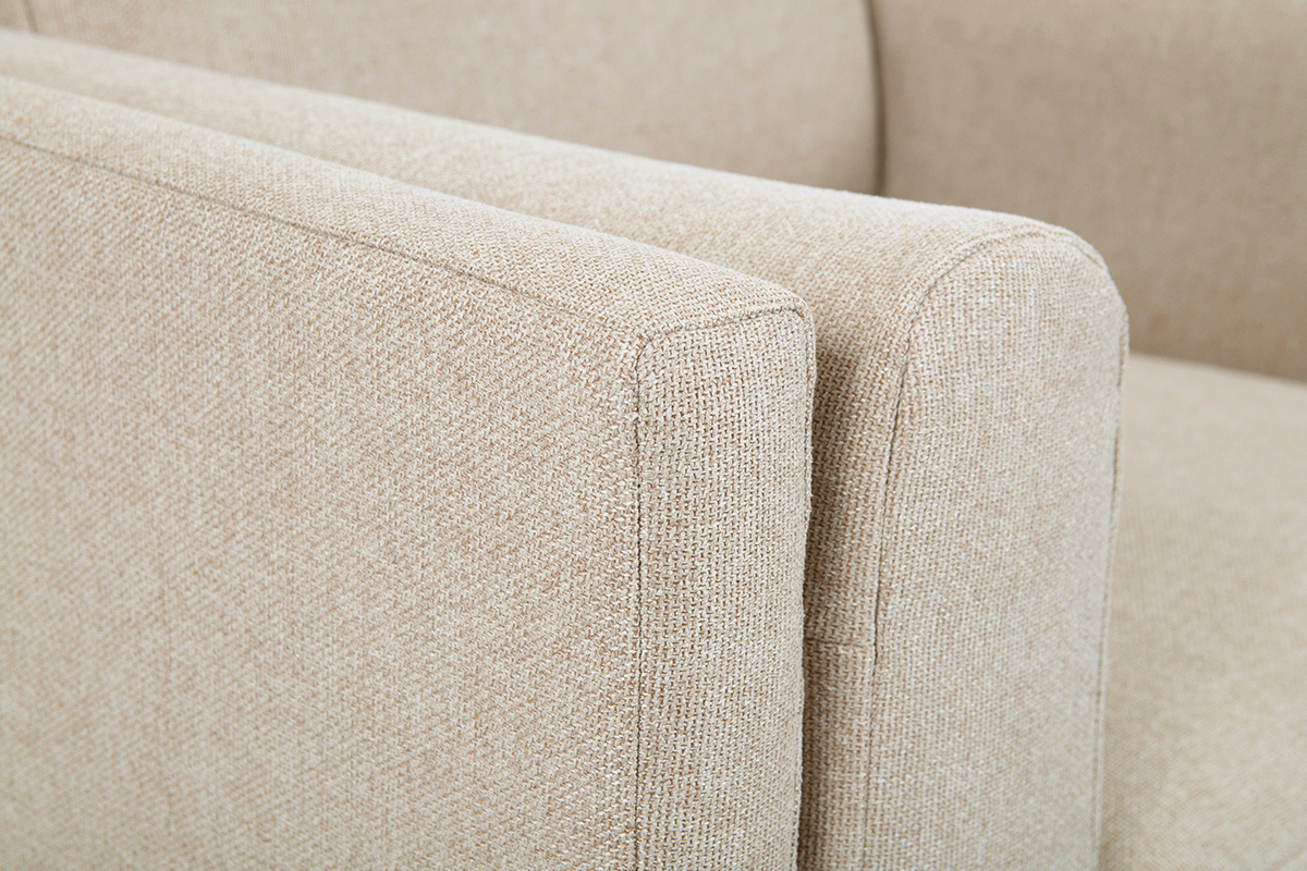 Fauteuil design en tissu beige naturel, bois noir et mtal dor STING