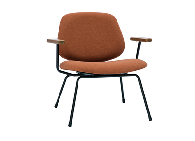 Fauteuil design en tissu effet laine bouclée terre brûlée, métal noir et bois foncé BARNET