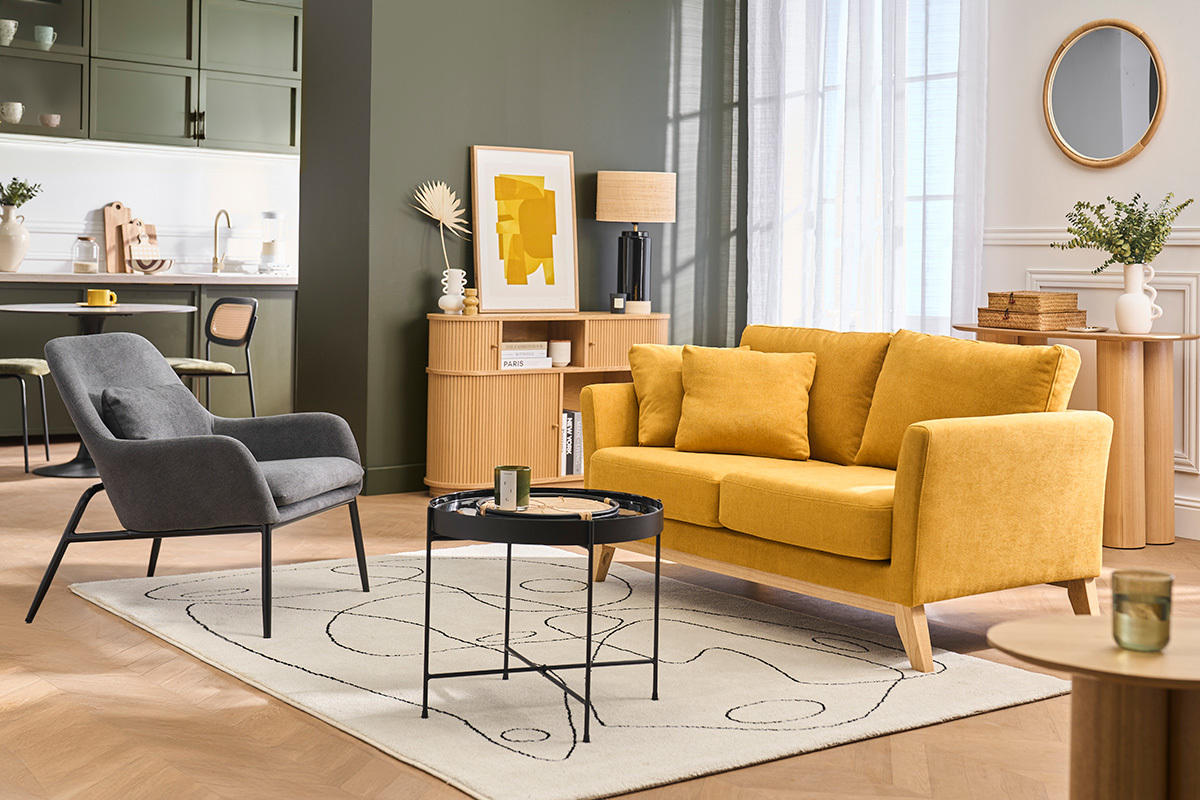 Fauteuil design en tissu effet velours gris fonc� et m�tal noir MAXINE