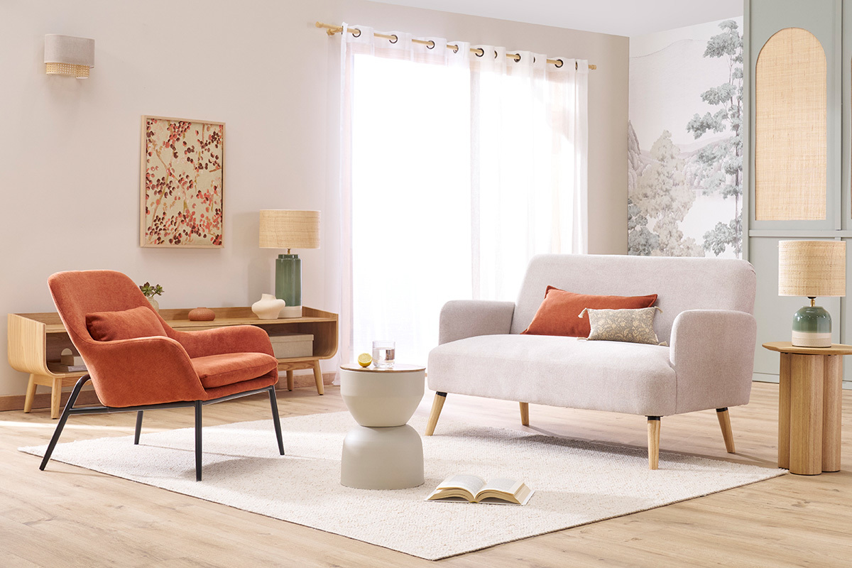 Fauteuil design en tissu effet velours terre brule et mtal noir MAXINE