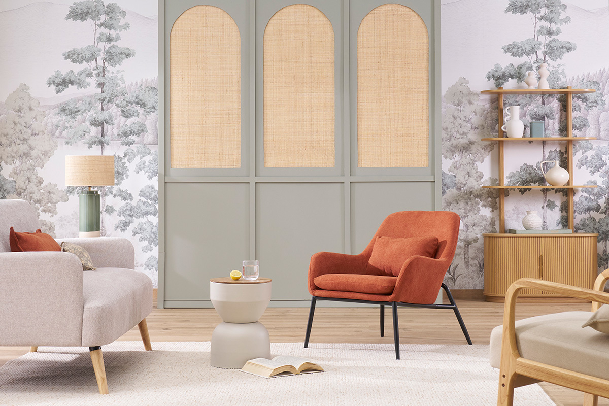 Fauteuil design en tissu effet velours terre brule et mtal noir MAXINE
