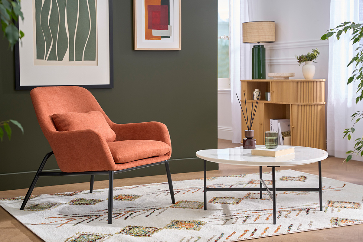 Fauteuil design en tissu effet velours terre brul�e et m�tal noir MAXINE