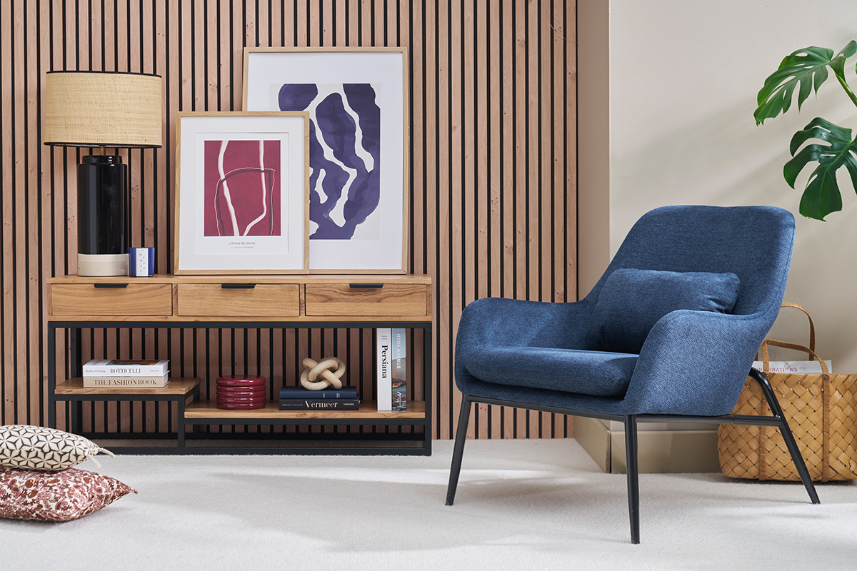 Fauteuil design en tissu effet velours textur bleu fonc et mtal noir MAXINE