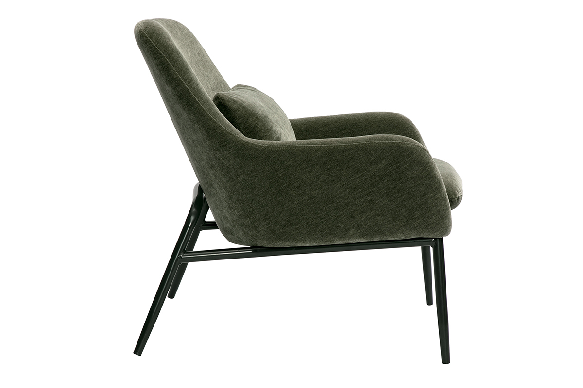 Fauteuil design en tissu effet velours vert kaki et mtal noir MAXINE