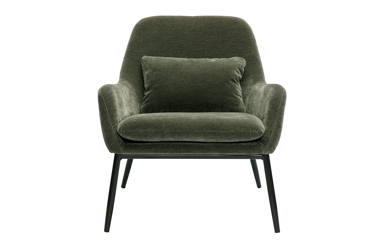 Fauteuil design en tissu effet velours vert kaki et mtal noir MAXINE