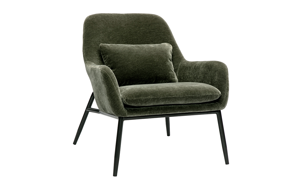 Fauteuil design en tissu effet velours vert kaki et mtal noir MAXINE