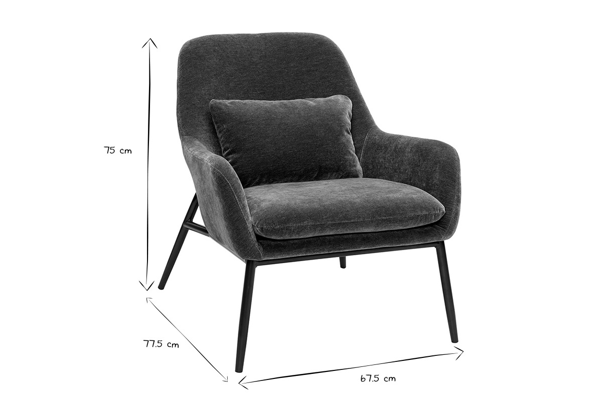 Fauteuil design en tissu effet velours vert kaki et mtal noir MAXINE