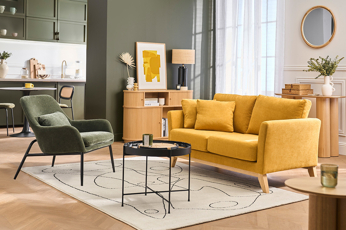 Fauteuil design en tissu effet velours vert kaki et m�tal noir MAXINE