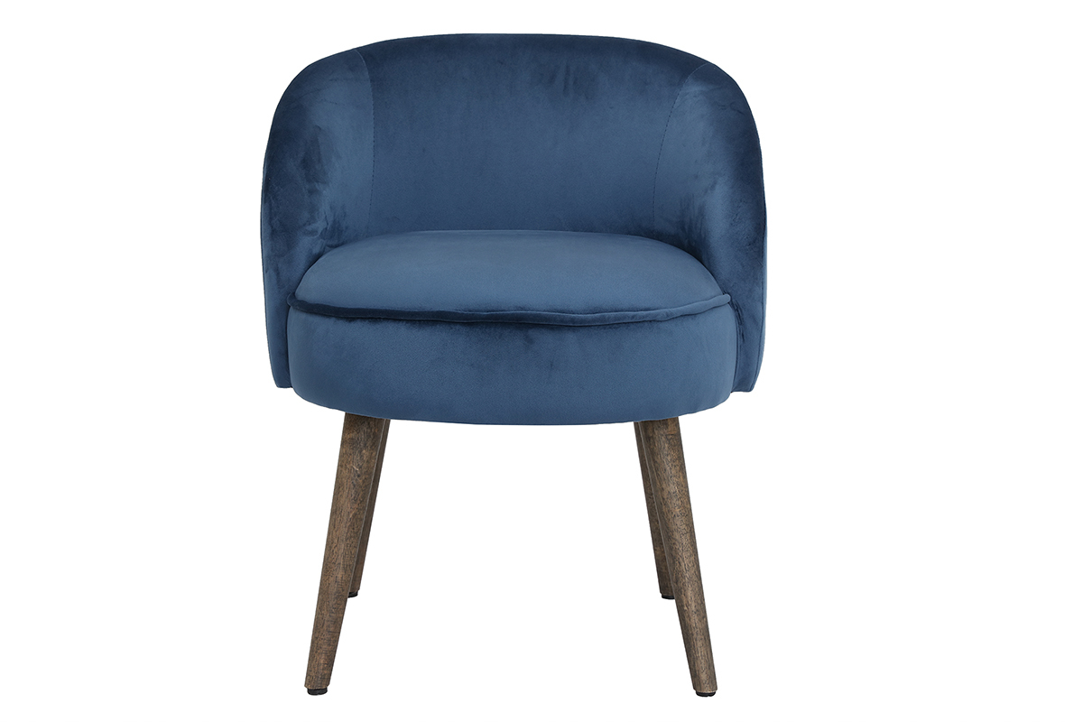 Fauteuil design en velours bleu et pieds bois UTA