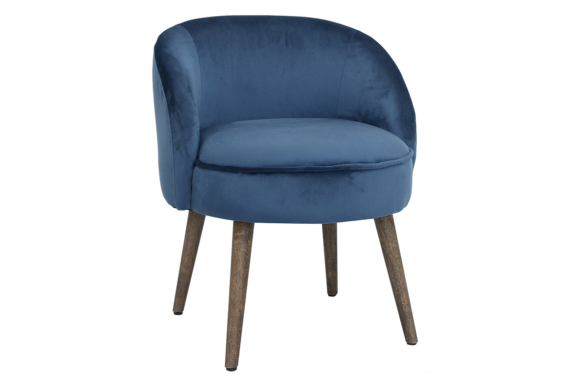 Fauteuil design en velours bleu et pieds bois UTA