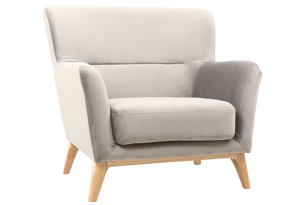 Fauteuil design gris velours pieds en bois MARKUS