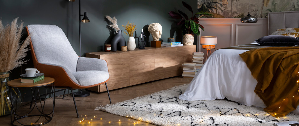 Fauteuil design marron avec tissu effet velours gris MARCEAU