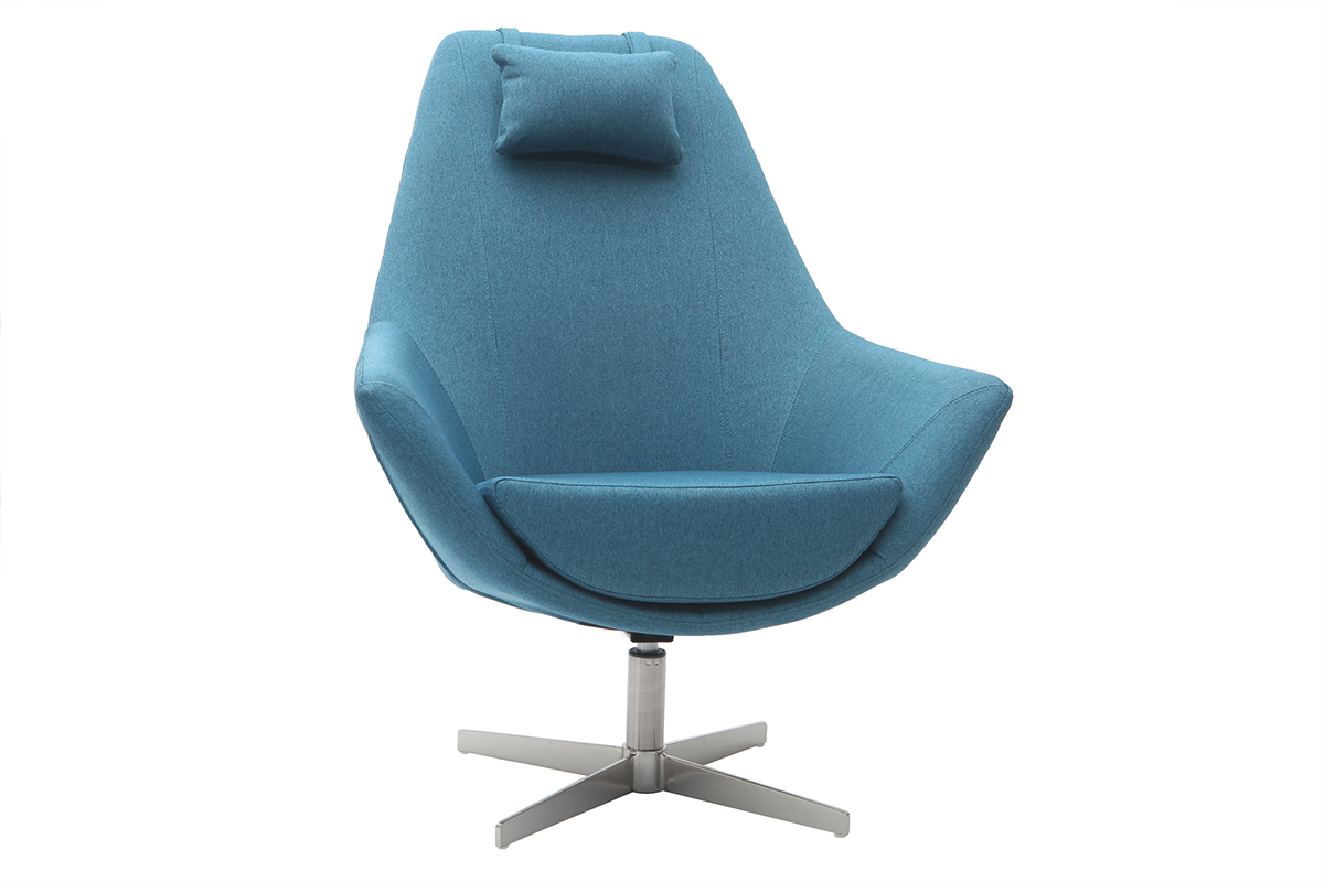 Fauteuil design pivotant en tissu bleu canard et pied m�tal AMADEO