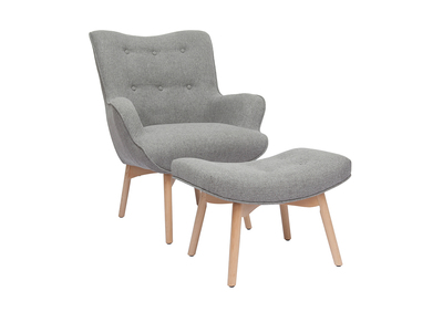 Fauteuil design scandinave et son repose pied gris clair et bois clair BRISTOL