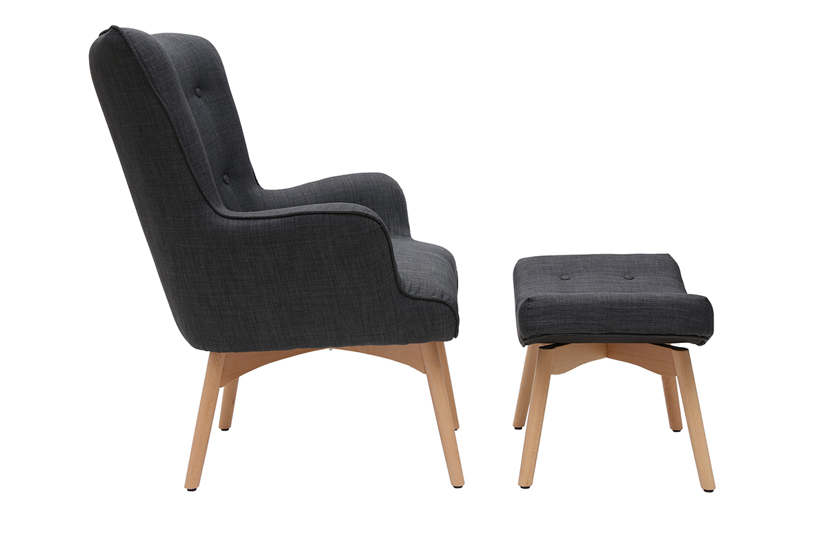 Fauteuil design scandinave et son repose pied gris fonc� et bois clair BRISTOL