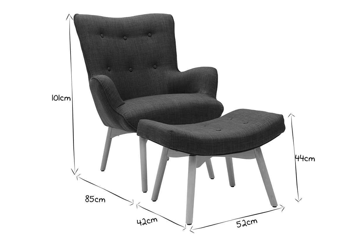 Fauteuil design scandinave et son repose pied gris fonc� et bois clair BRISTOL