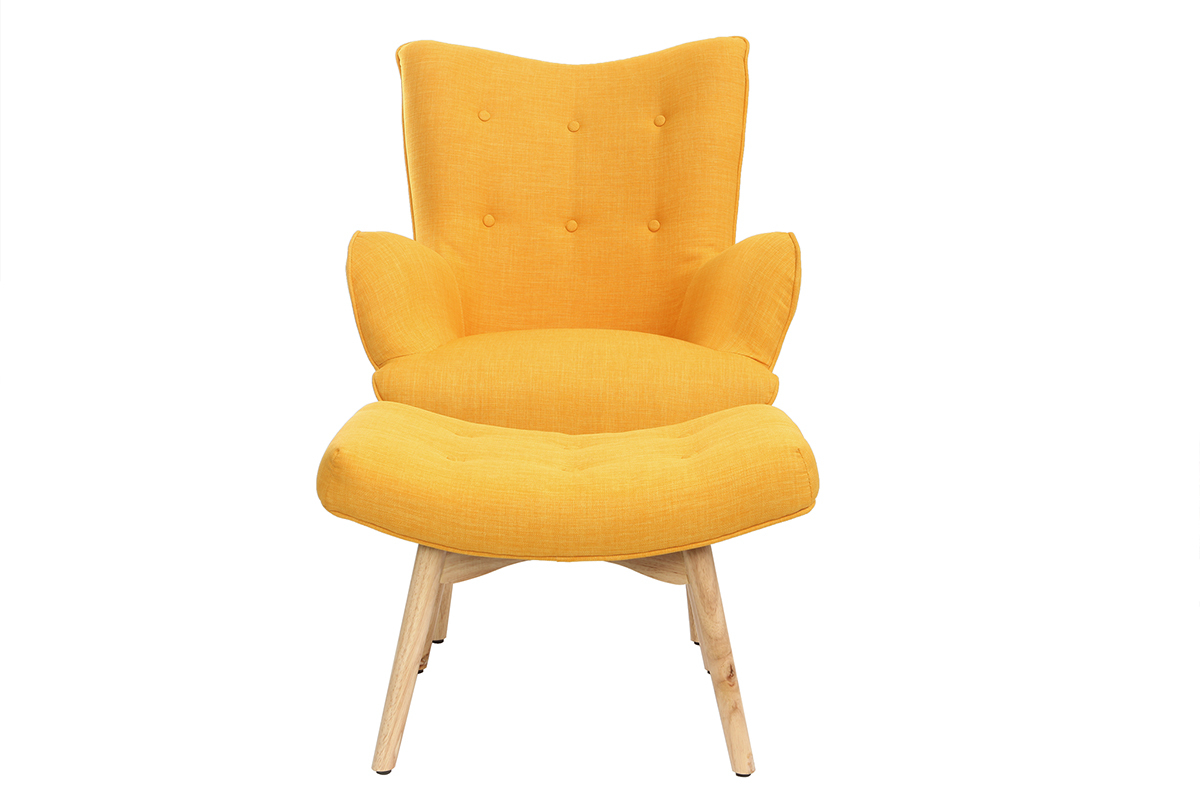 Fauteuil design scandinave et son repose pied jaune et bois clair BRISTOL