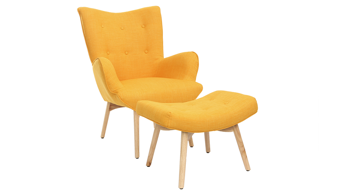 Fauteuil design scandinave et son repose pied jaune et bois clair BRISTOL