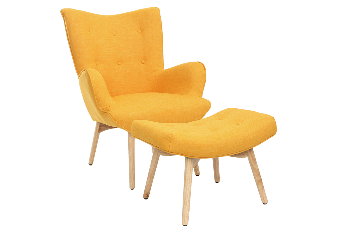 Fauteuil design scandinave et son repose pied jaune et bois clair BRISTOL
