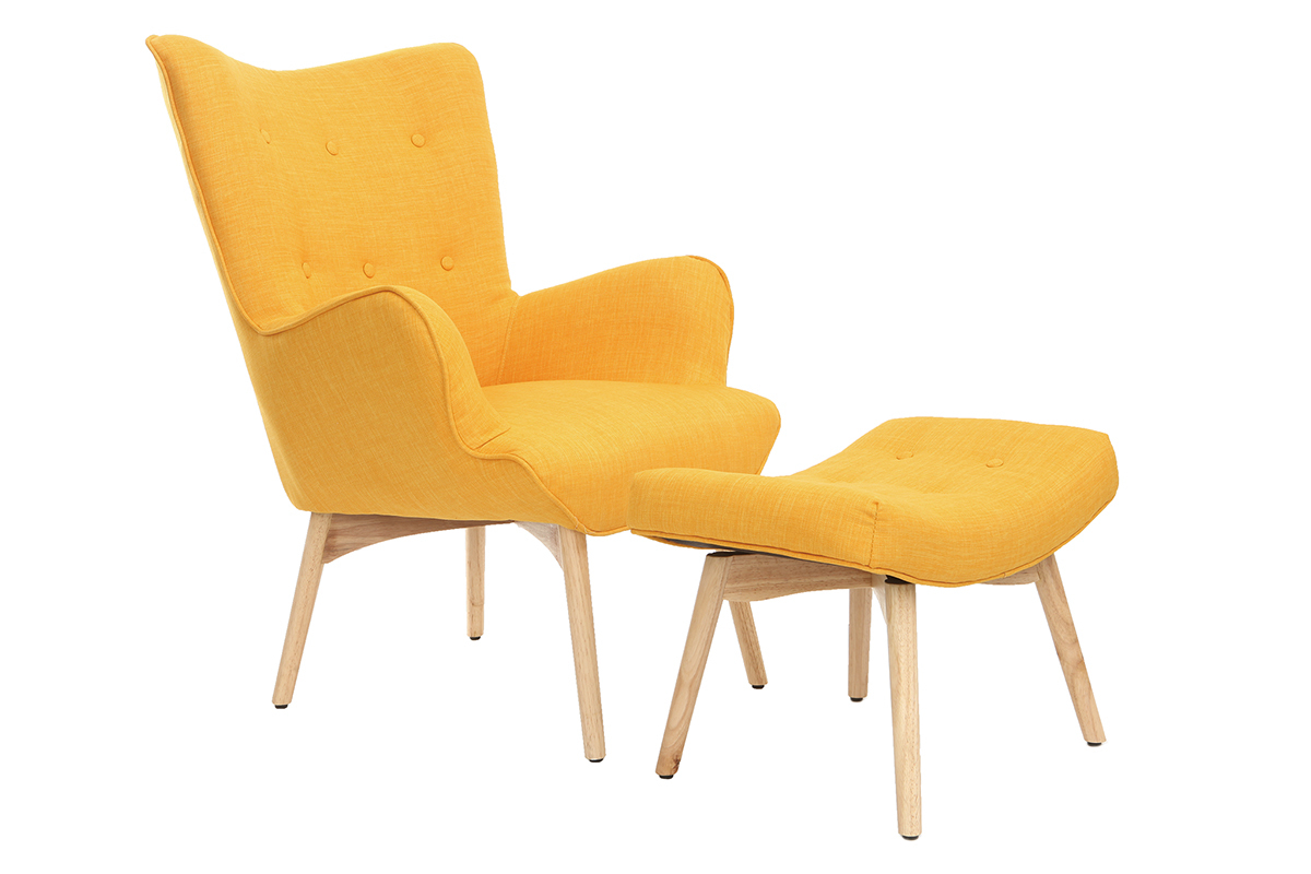 Fauteuil design scandinave et son repose pied jaune et bois clair BRISTOL