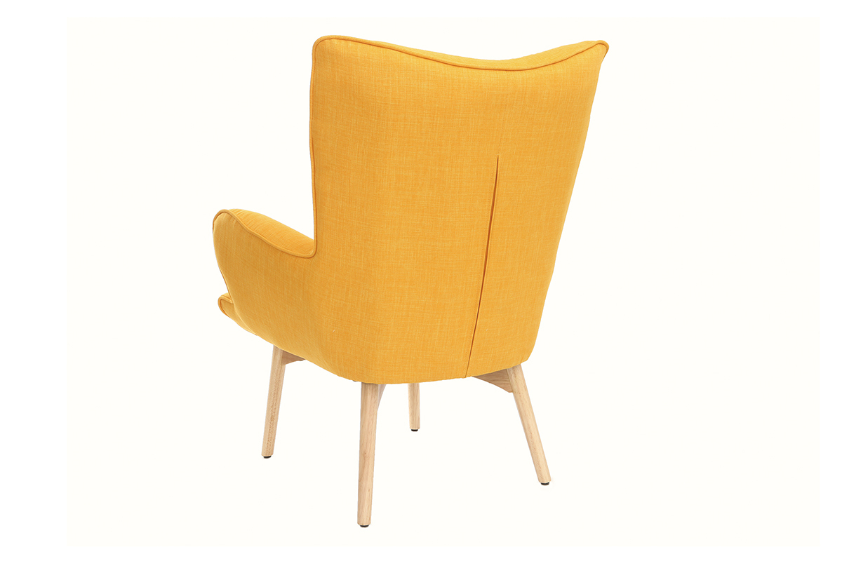 Fauteuil design scandinave et son repose pied jaune et bois clair BRISTOL