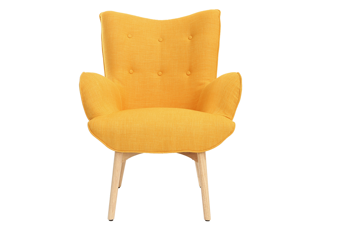 Fauteuil design scandinave et son repose pied jaune et bois clair BRISTOL