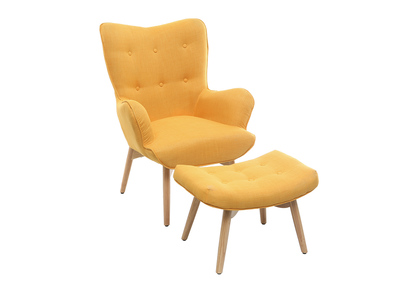 Fauteuil design scandinave et son repose pied jaune et bois clair BRISTOL