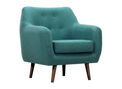 Fauteuil design tissu bleu canard pieds noyer OLAF