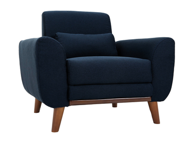 Fauteuil design tissu bleu et pieds noyer EKTOR