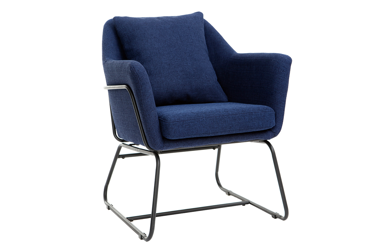 Fauteuil design tissu bleu fonc� et structure m�tal noir MONROE