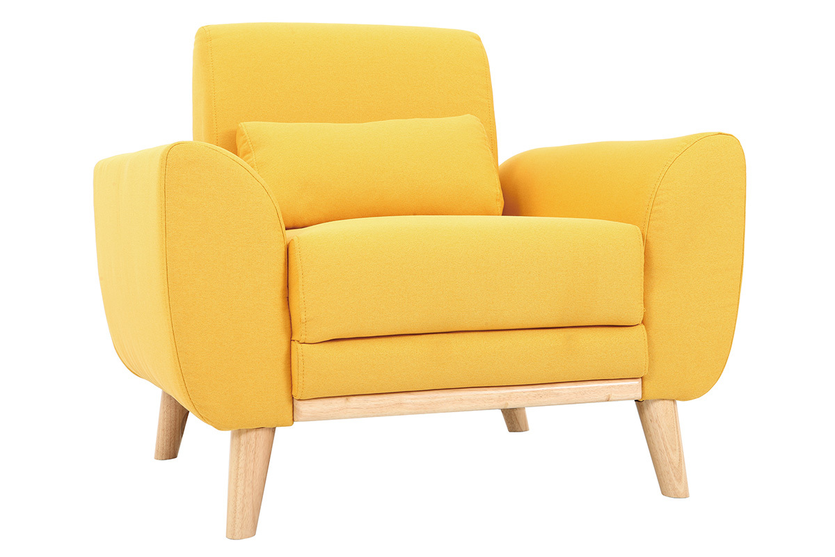 Fauteuil design tissu jaune et bois clair EKTOR