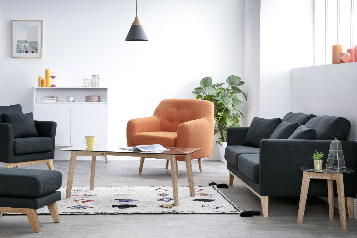 Fauteuil design tissu orange pieds bois clair OLAF