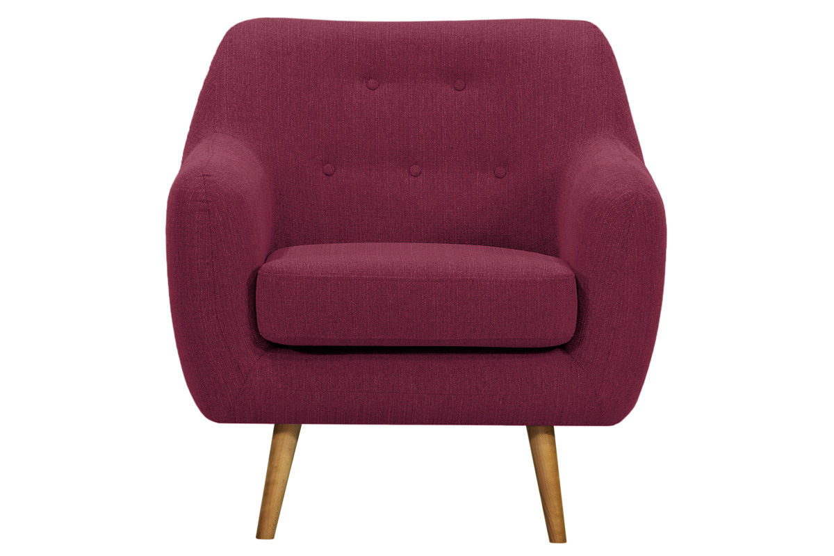Fauteuil design tissu prune pieds bois clair OLAF