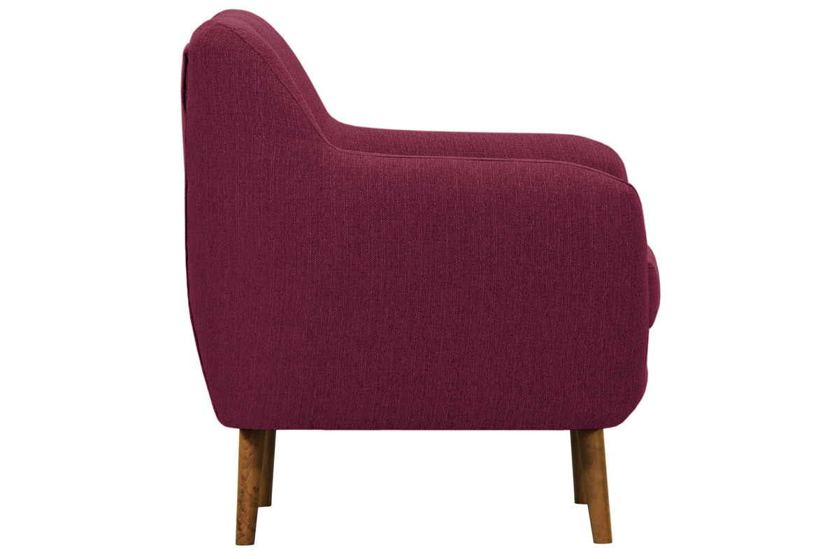 Fauteuil design tissu prune pieds bois clair OLAF