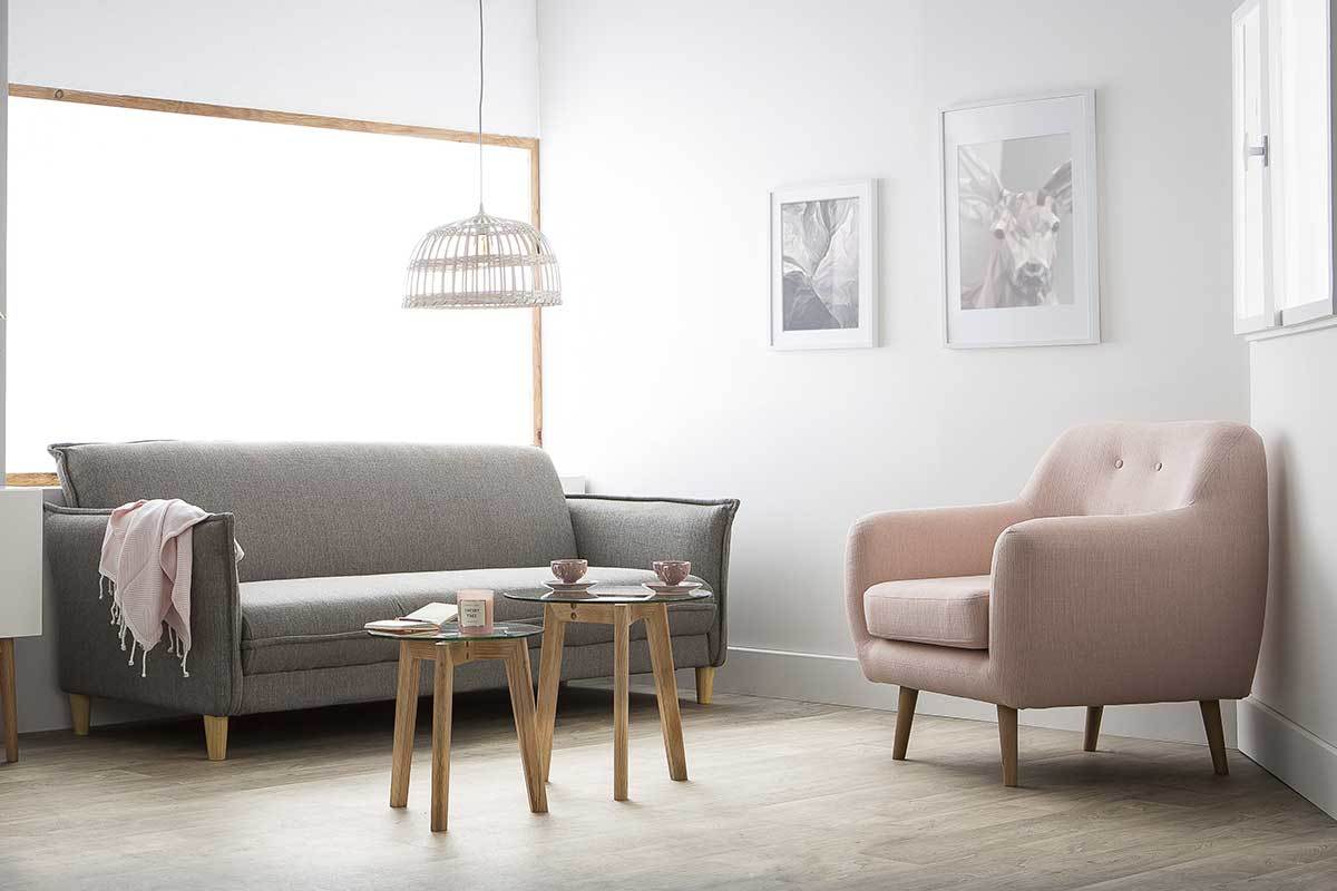 Fauteuil design tissu prune pieds bois clair OLAF