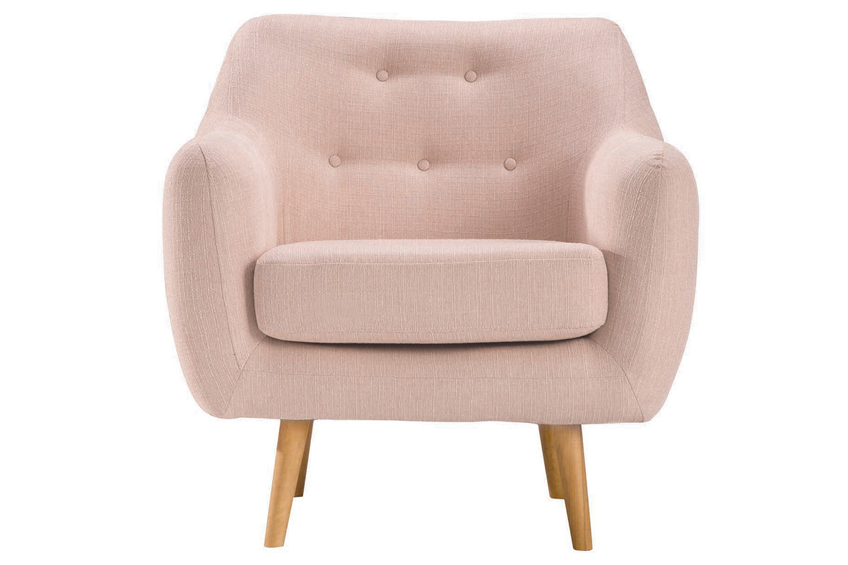 Fauteuil design tissu vieux rose pieds bois clair OLAF