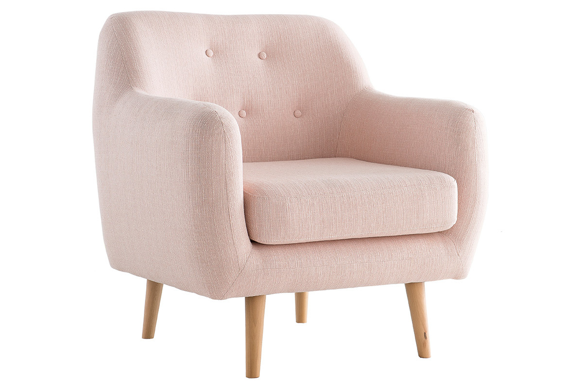 Fauteuil design tissu vieux rose pieds bois clair OLAF
