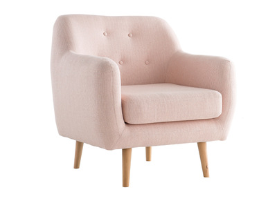 Fauteuil design tissu vieux rose pieds bois clair OLAF