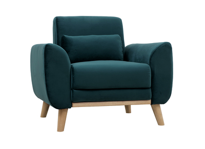 Fauteuil design velours bleu p&eacute;trole et bois clair EKTOR