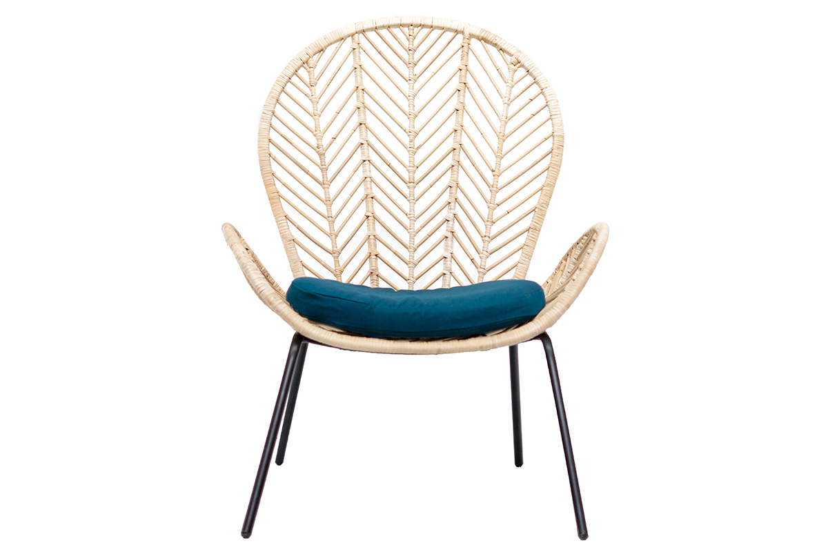 Fauteuil en rotin et tissu bleu ptrole PEACOCK