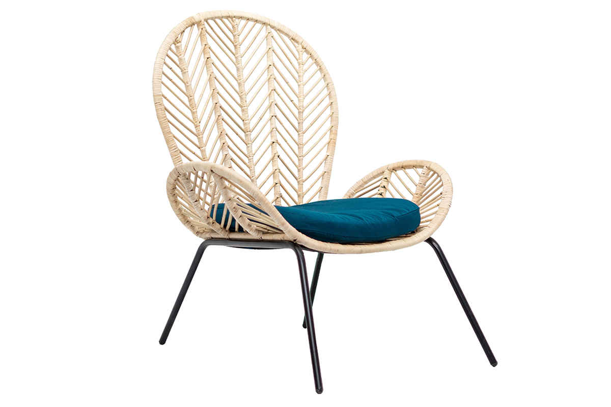 Fauteuil en rotin et tissu bleu ptrole PEACOCK
