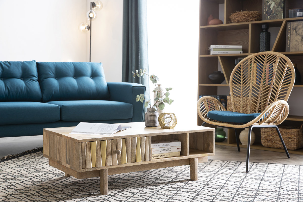Fauteuil en rotin et tissu bleu ptrole PEACOCK