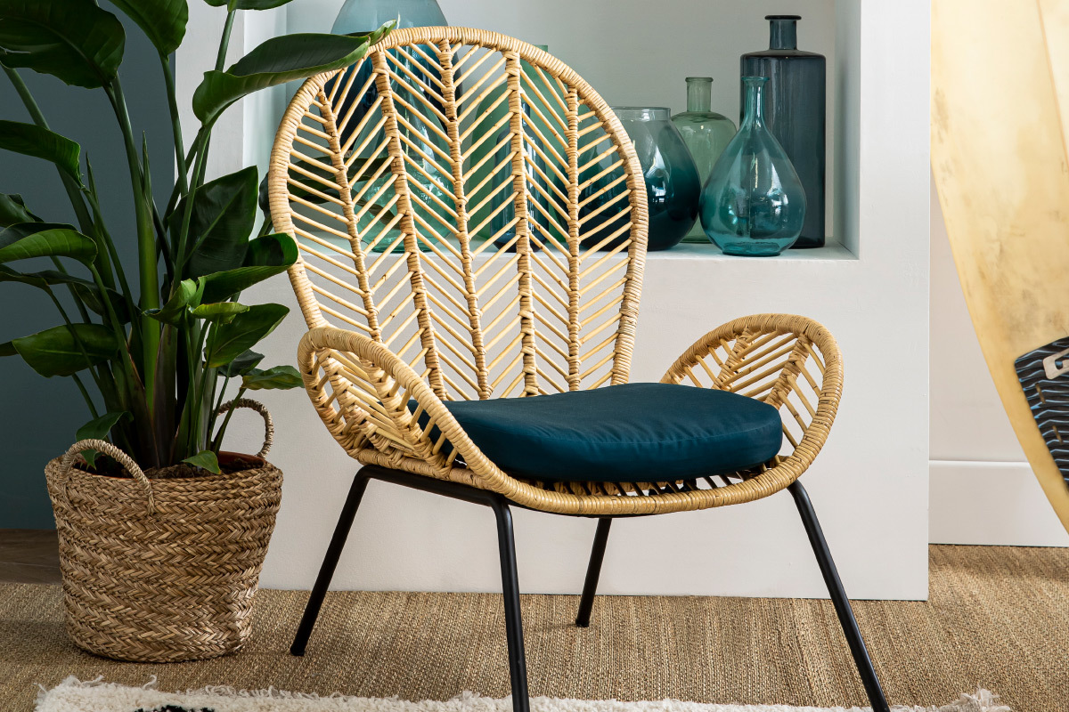 Fauteuil en rotin et tissu bleu ptrole PEACOCK