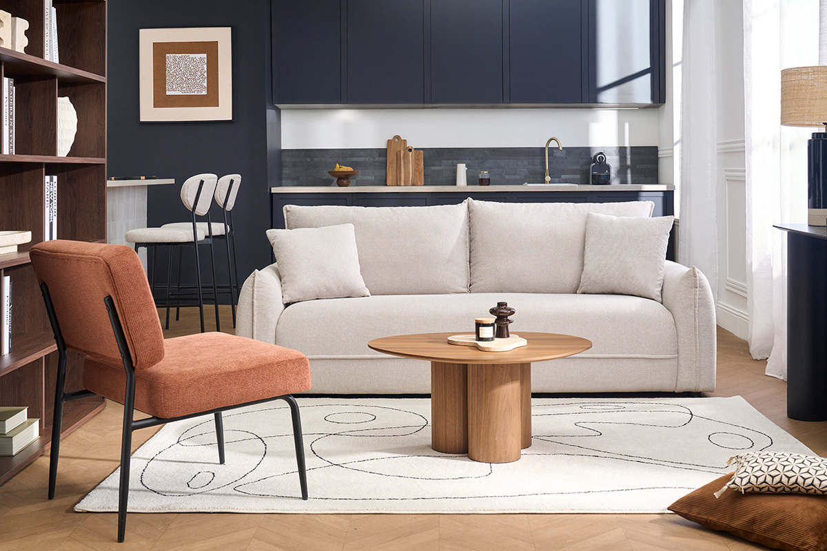 Fauteuil en tissu chenille terre br�l�e et m�tal noir VEDANA