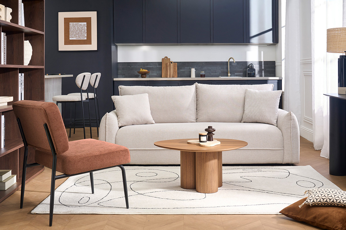 Fauteuil en tissu chenille terre br�l�e et m�tal noir VEDANA